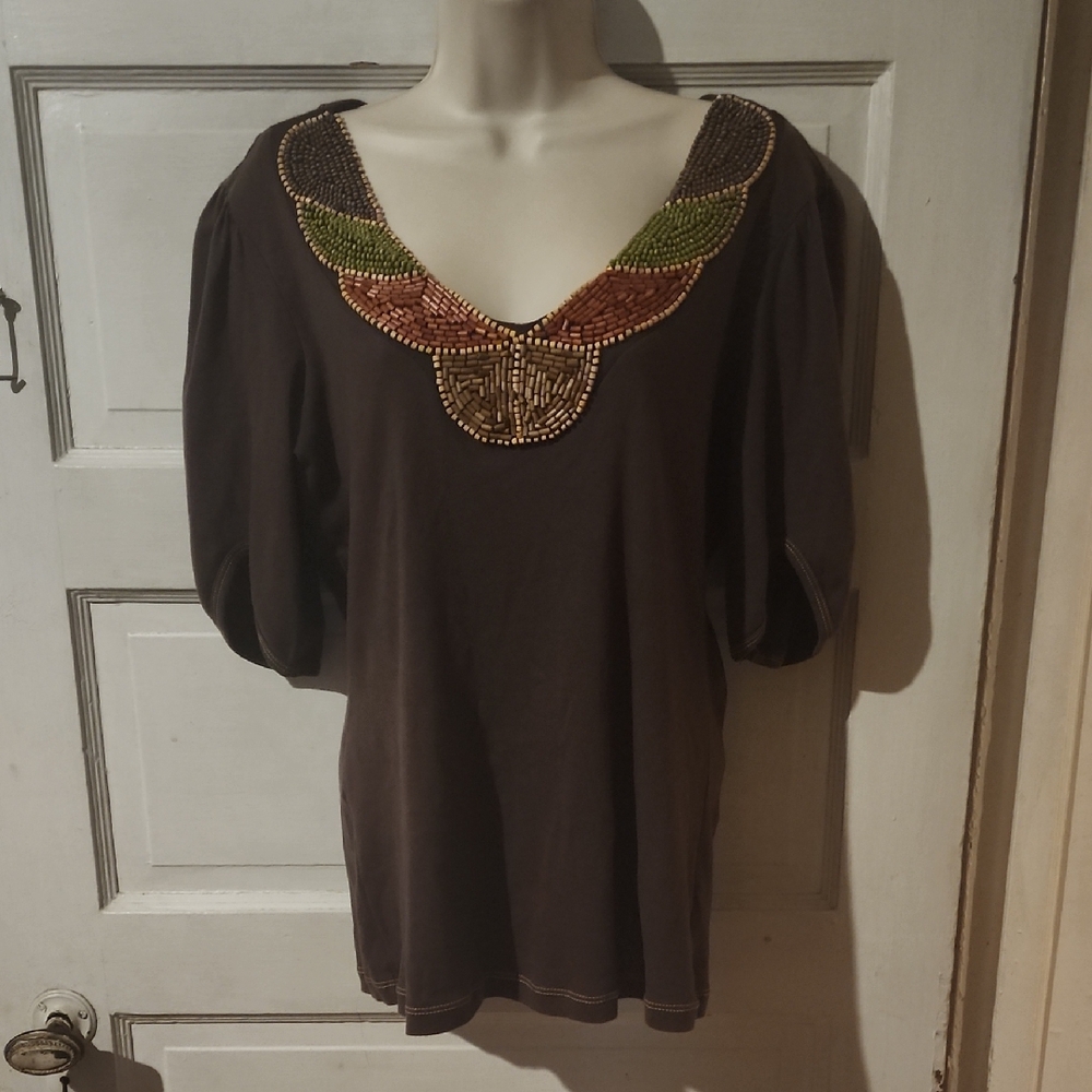 Tryst Womens Large Brown Beaded Top